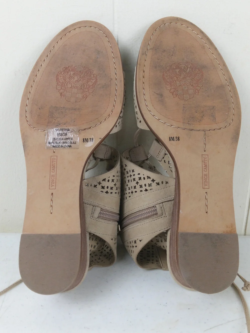 Vince Camuto Women's Taupe Laser-Cut Lace-Up Wedge Sandals Size 8 Suede Leather